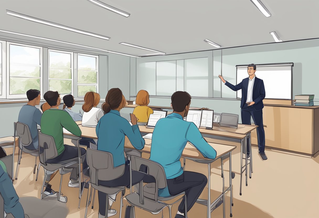 A classroom setting with a lecturer and students engaged in a professional training program in Cardiff