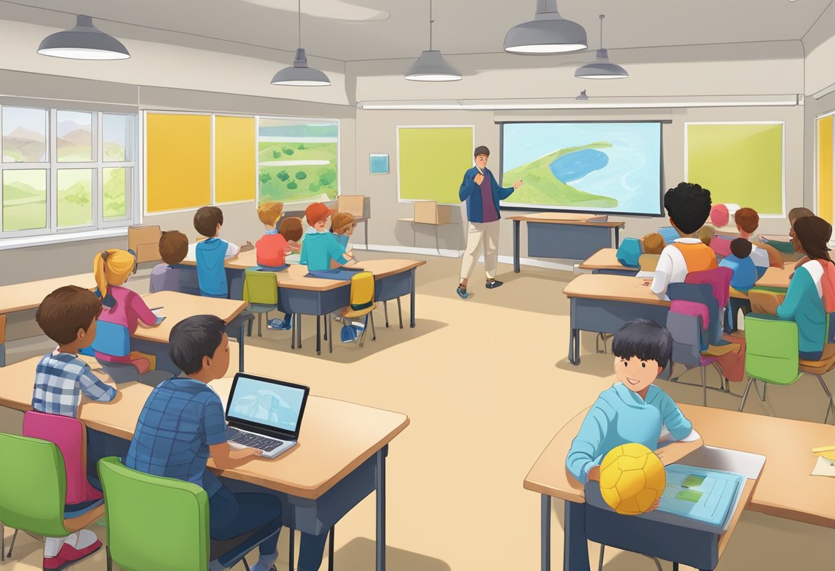 A classroom setting with students engaged in interactive learning through educational animations in Cardiff