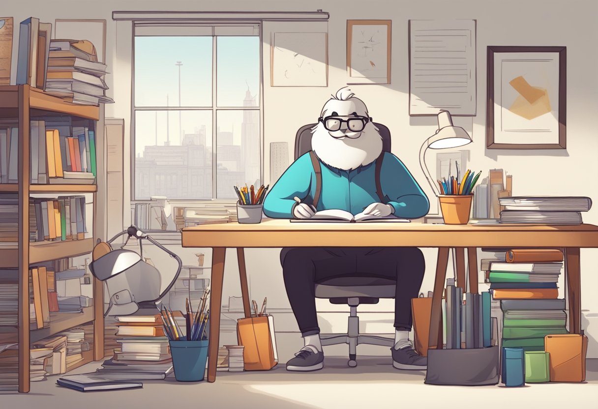 An animated character sits at a desk, surrounded by books and drawing tools. A progression chart on the wall shows stages of academic achievement