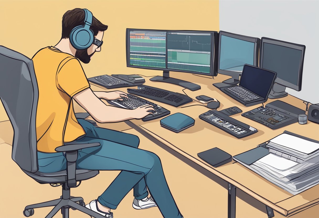 A person using a computer and recording equipment to create educational videos for a Welsh audience