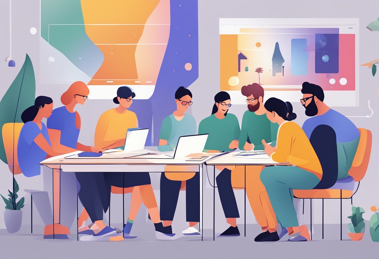 A group of people engage in interactive animation workshops and seminars in Wales, with colorful visuals and creative tools surrounding them