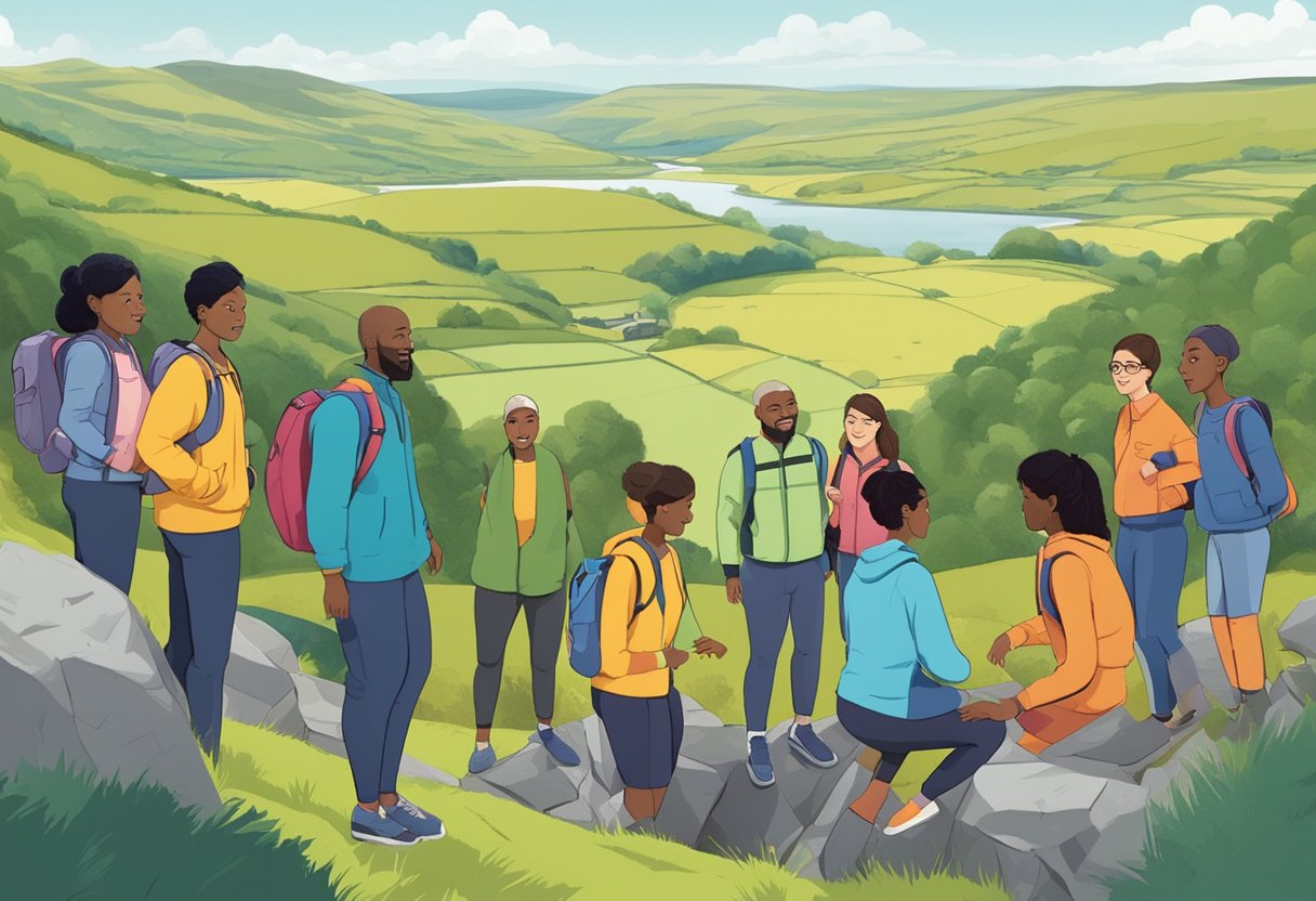 A diverse group of animated characters engage in interactive training exercises in the scenic landscape of Wales
