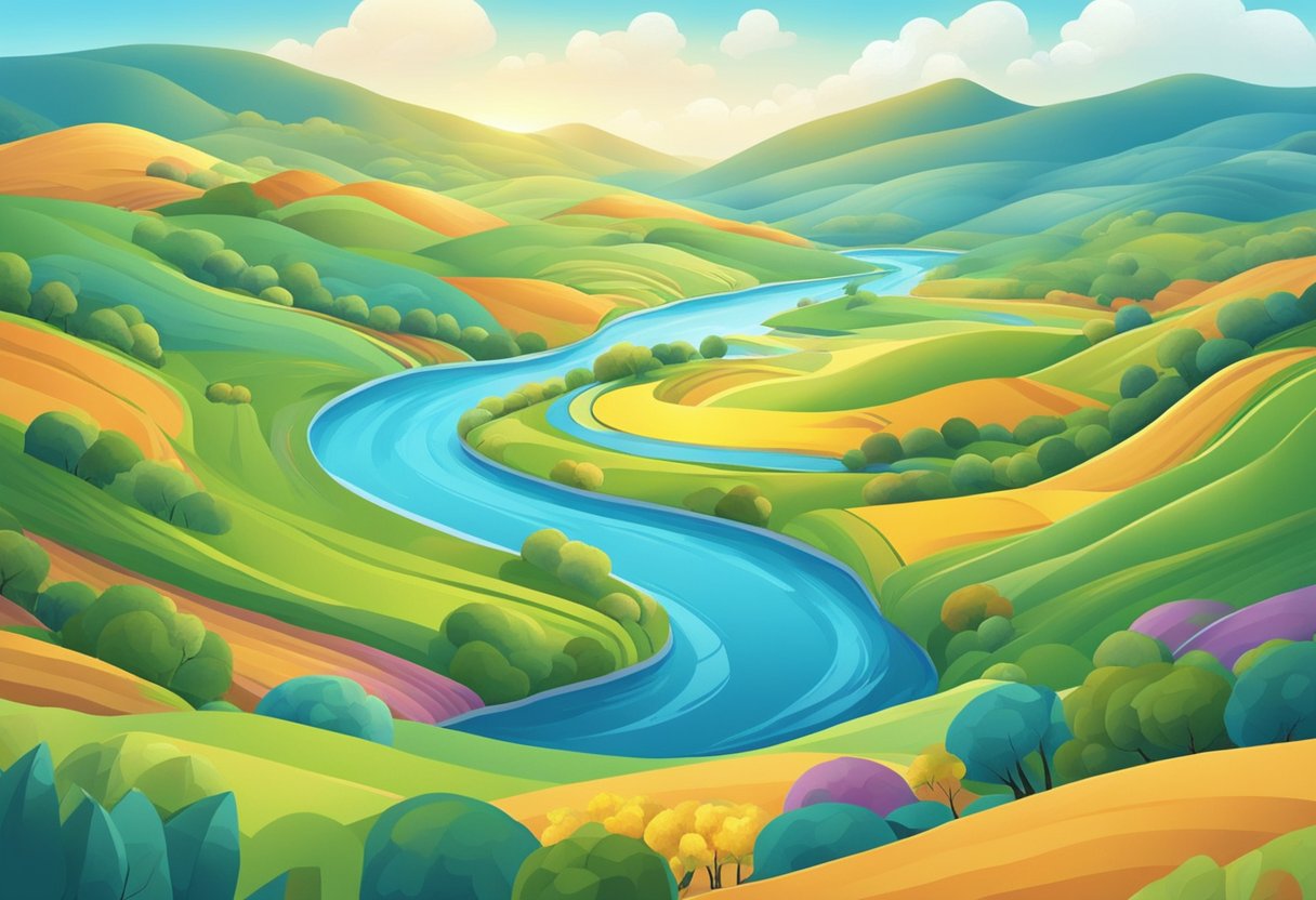 A colorful, dynamic landscape with rolling hills, a winding river, and a clear blue sky. The scene is filled with animated design elements and interactive practices