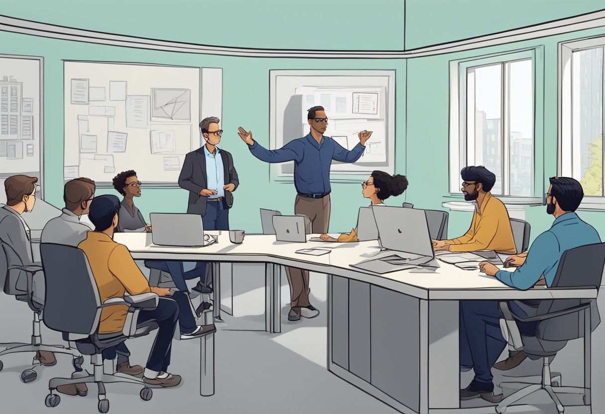 A group of animators discussing legal and ethical considerations in a studio setting