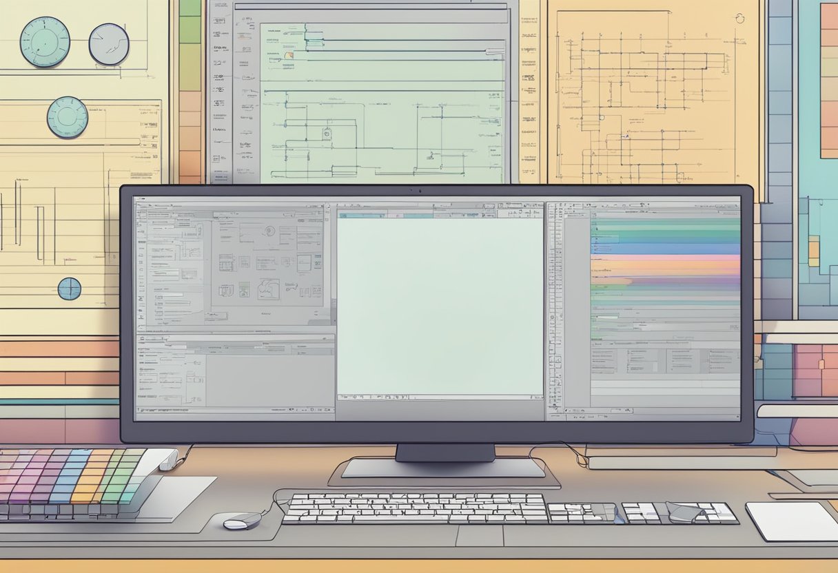 A computer screen displaying a complex animation software interface with various tools and timelines
