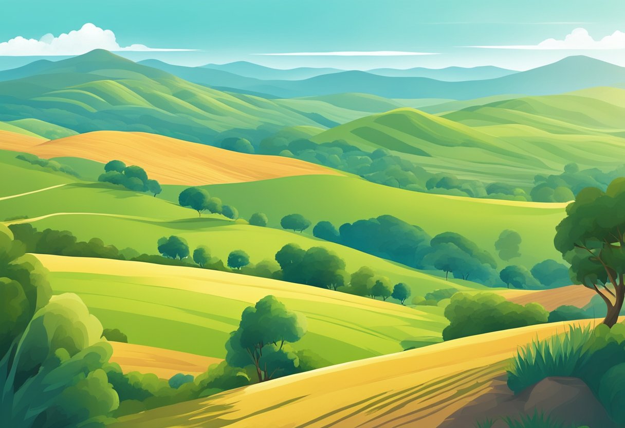 A dynamic digital landscape of rolling hills and vibrant greenery, with a clear blue sky and a warm, inviting sun