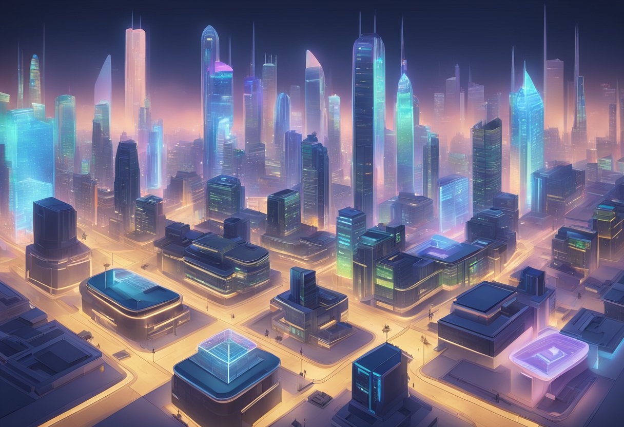 A futuristic cityscape with holographic projections and animated displays, showcasing advanced technology in an interactive animation studio in Wales