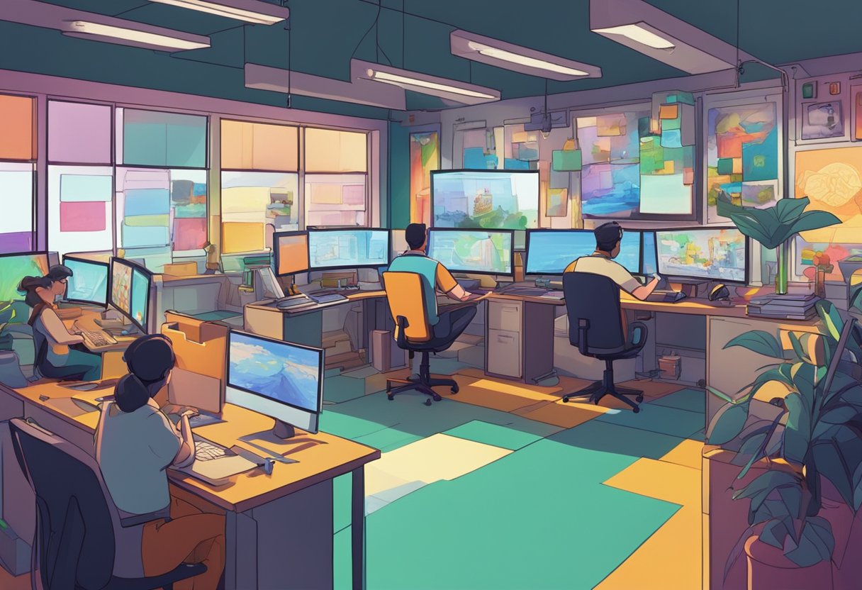 A bustling animation studio in Newport, with artists at work and colorful storyboards lining the walls. Computer screens flicker with vibrant characters and scenes