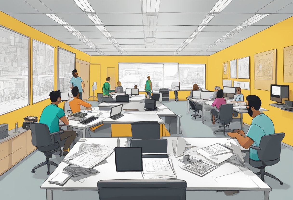 An animation studio in Wrexham, with artists sketching, storyboarding, and brainstorming ideas for pre-production processes