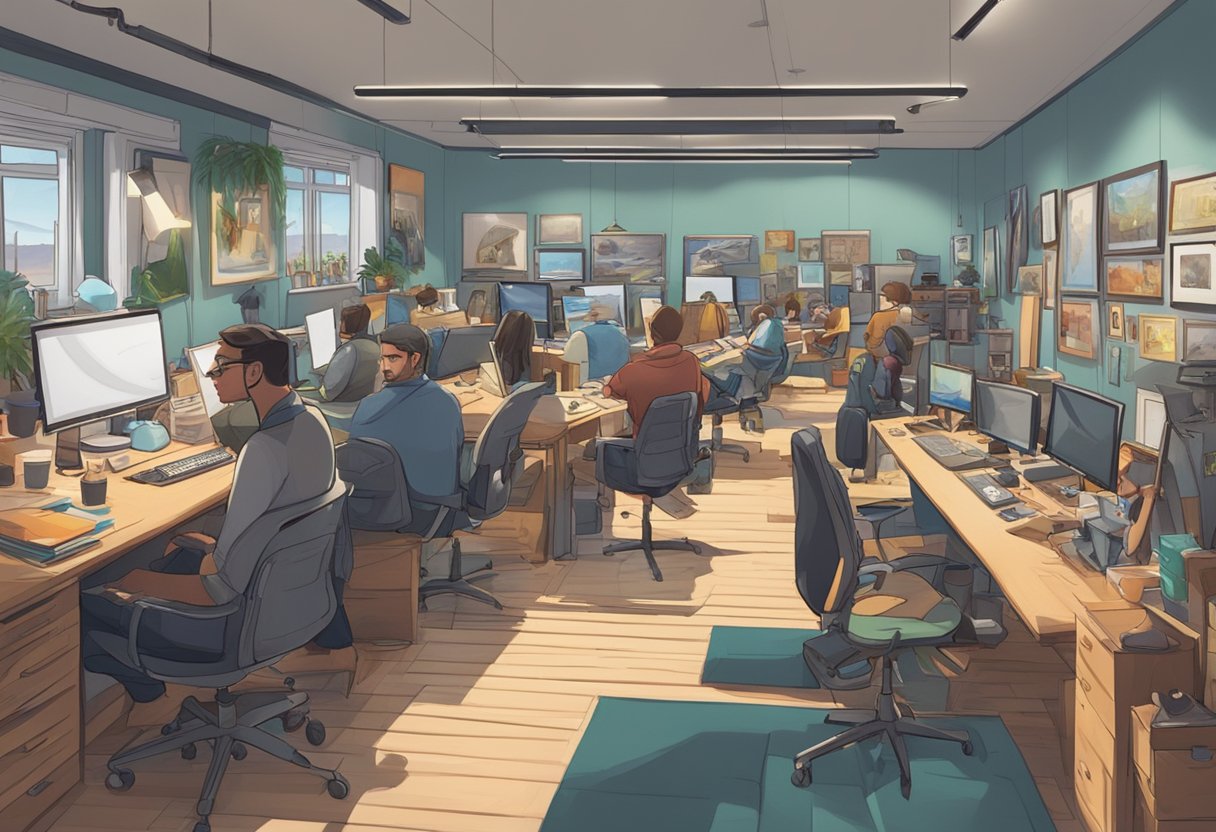 A bustling animation studio filled with artists and animators working on various projects in Newport
