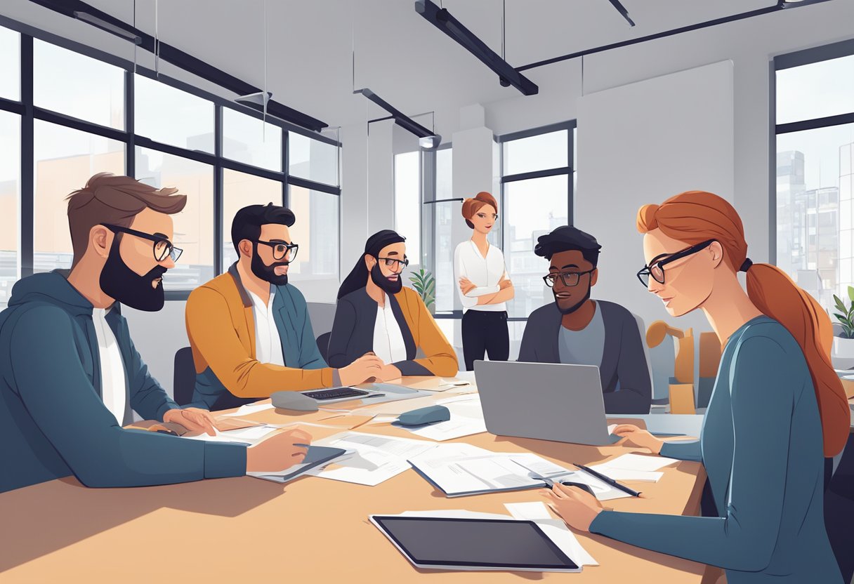 A group of animation companies in Wrexham collaborate and network in a modern office setting, exchanging ideas and working together on various projects