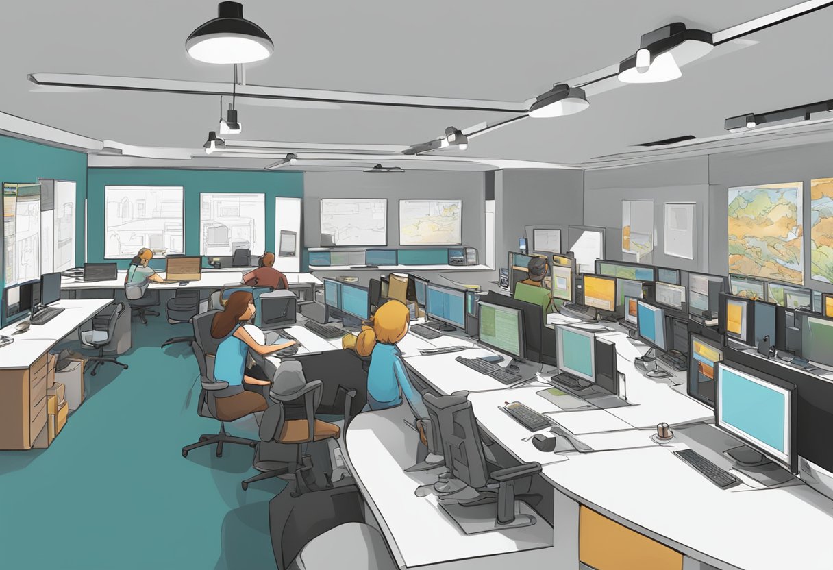 The bustling animation studio in Newport produces and distributes animated works, with teams collaborating on storyboards and digital art