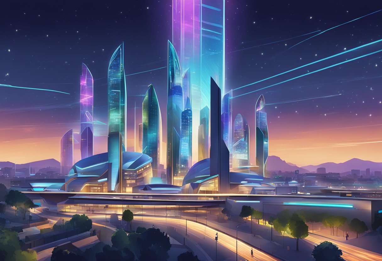A futuristic cityscape with sleek, towering animation studios and vibrant digital billboards lighting up the night sky in Wrexham