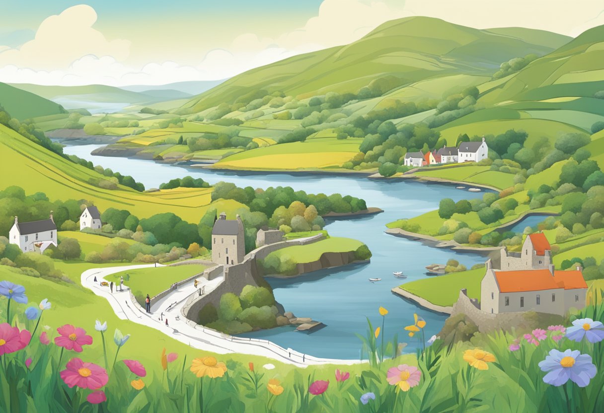 An animated Welsh landscape with educational elements integrated, showcasing literacy and numeracy concepts through vibrant and engaging visuals