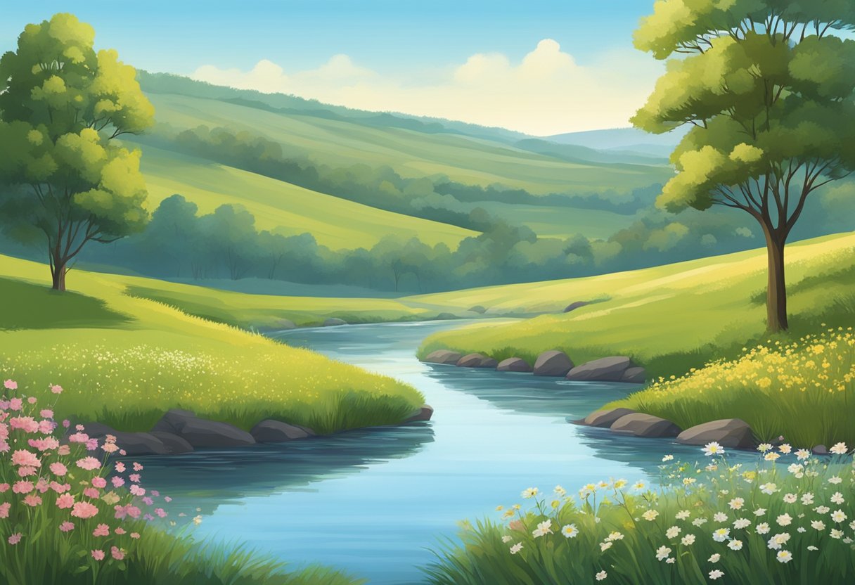 A serene landscape with rolling hills, a tranquil river, and a clear blue sky. Wildflowers and trees dot the scene, evoking a sense of peace and calm