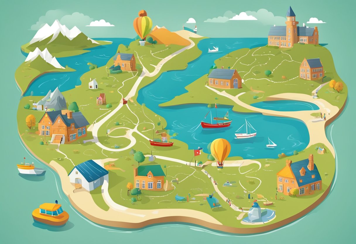 A colorful map of Wales surrounded by various educational tools and symbols, with a winding path leading through different learning stages