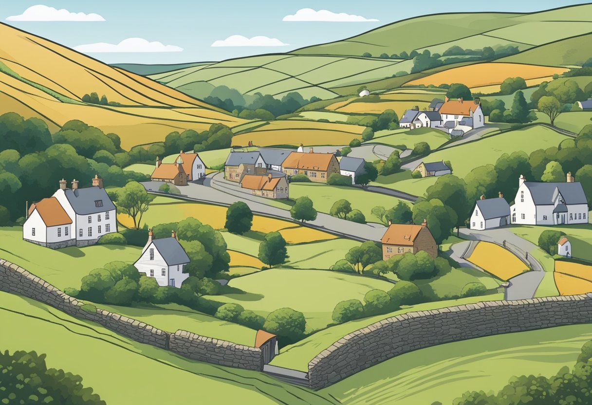 A Welsh landscape with rolling hills, a quaint village, and a schoolhouse with a sign reading "Frequently Asked Questions animated educational resources."