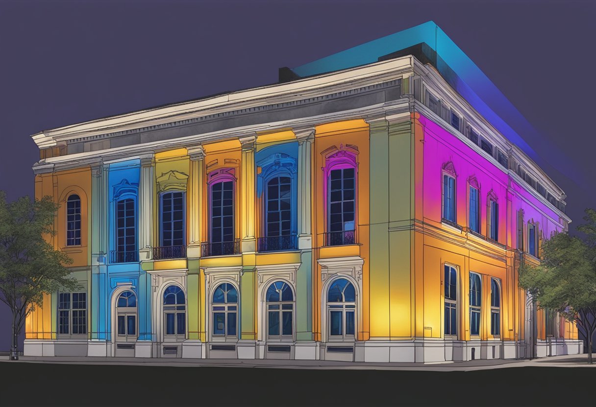 A vibrant custom gobo projected onto a Texas building, showcasing its significance through dynamic animations