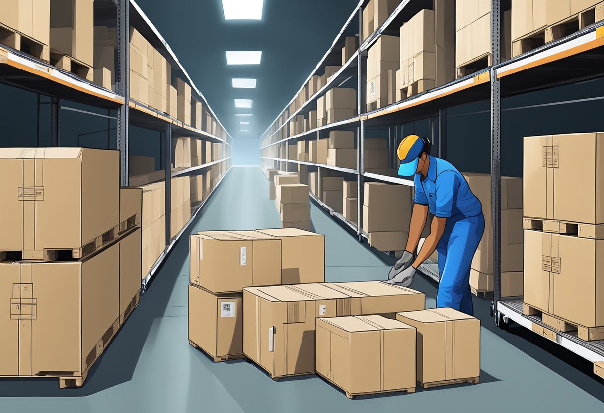 A warehouse worker carefully packages custom animations and gobos for shipping in Texas