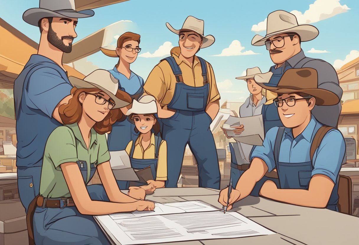 A group of animated characters in a Texas setting, interacting with various regulations and standards documents and symbols