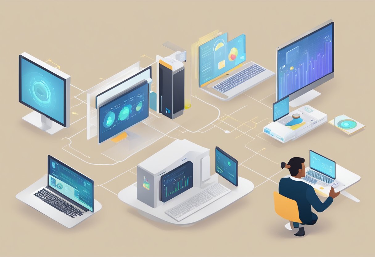 A series of animated training modules showing the evolution of technology and learning methods, with various digital interfaces and interactive elements