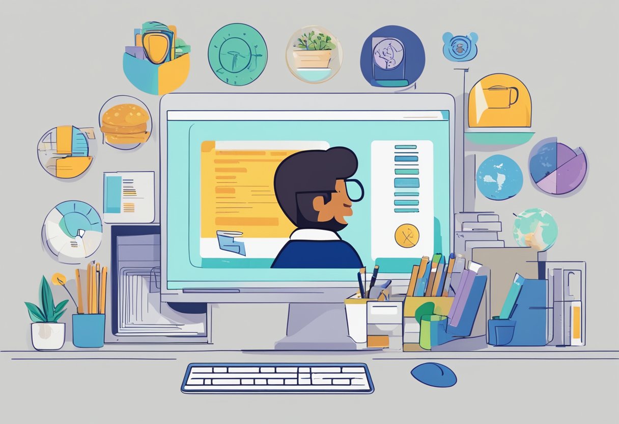 An animated character browsing through a variety of educational animation companies, with logos and examples of their work displayed on a computer screen