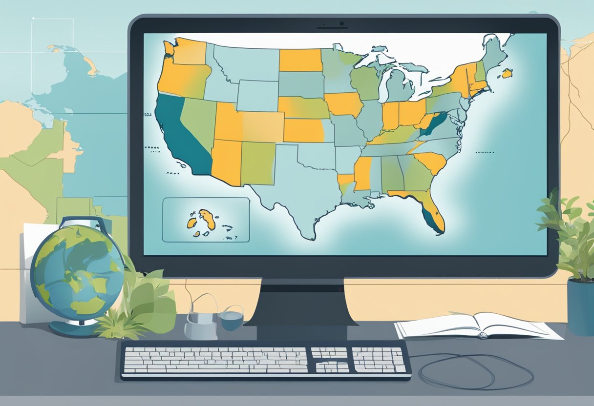 A computer screen showing a series of animated training modules with a stylized USA map in the background