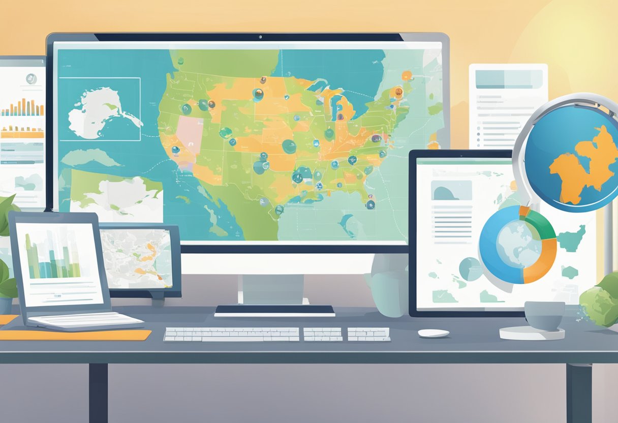 A computer displaying animated training modules with USA map in background