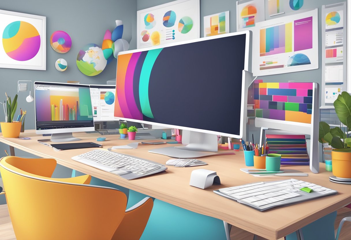 A vibrant, dynamic animation studio with computers and design tools, surrounded by colorful marketing and communication training modules