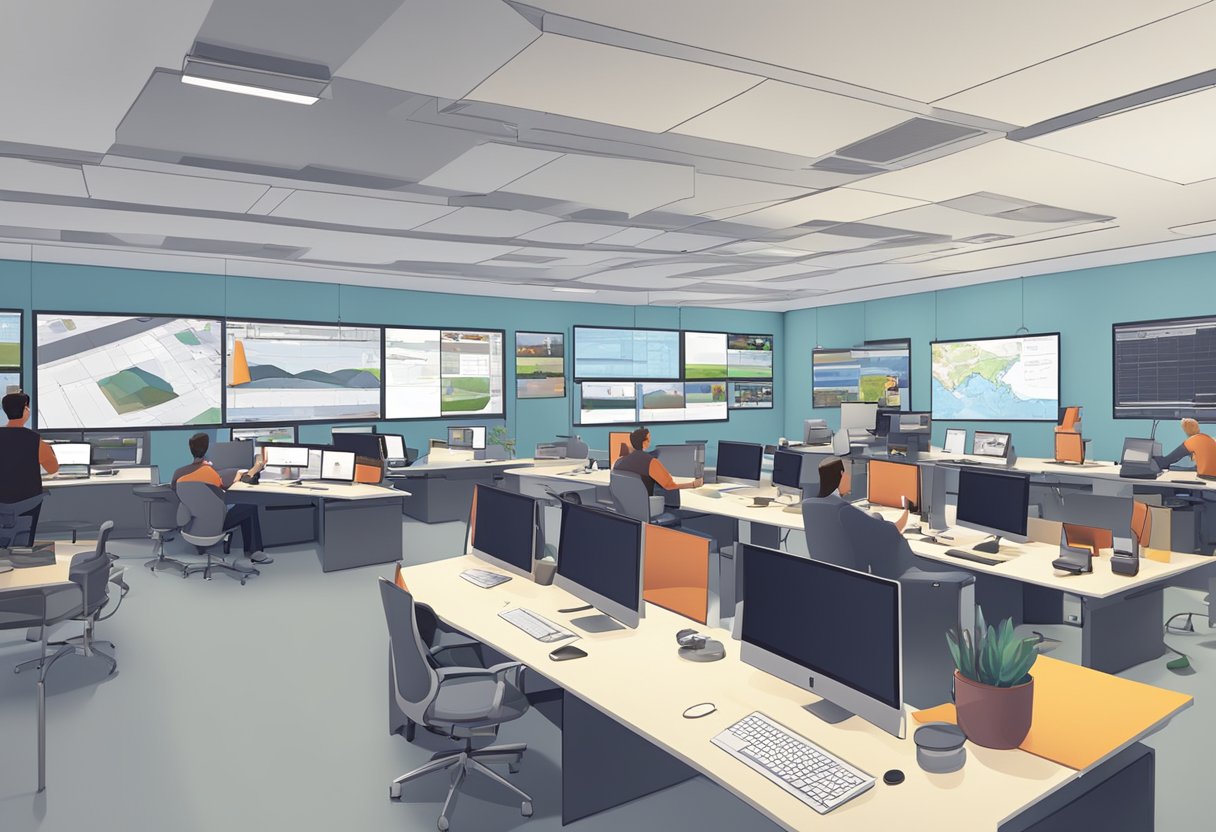 A bustling animation studio with multiple workstations and large screens displaying animated training modules