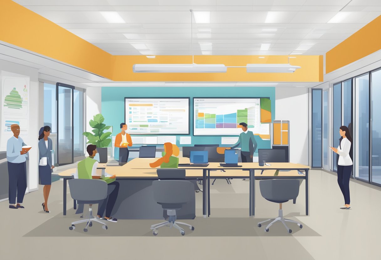 An animated training module with a FAQ section, featuring interactive graphics and engaging visuals, set in a modern USA office environment