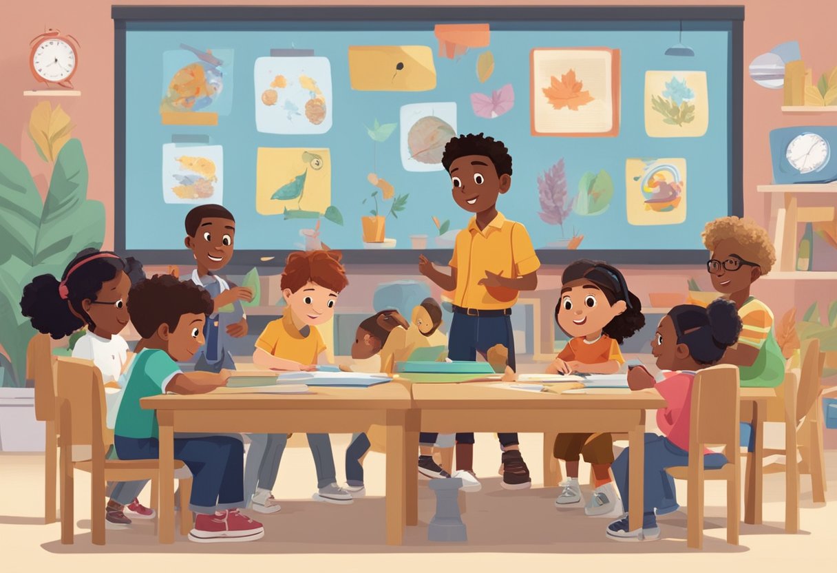 A diverse group of animated characters engage in various educational activities, set against a backdrop showcasing the evolution of Canadian educational animation