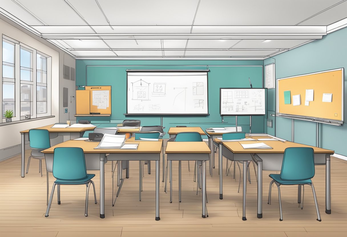 A classroom setting with animation tools, drawing supplies, and a whiteboard with diagrams and notes