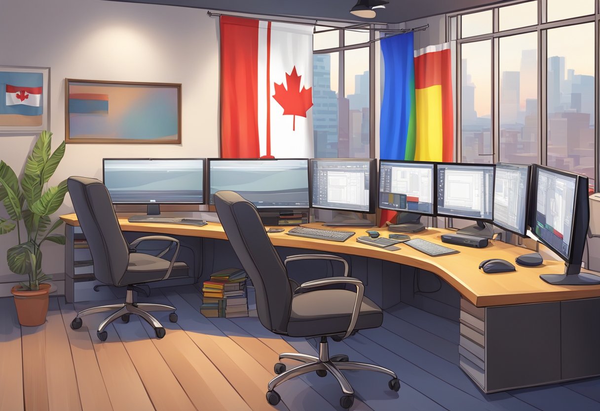 A colorful animation studio with Canadian flags, computers, and drawing tablets