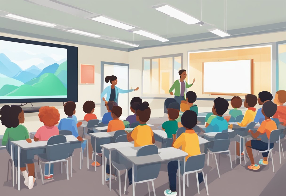 A classroom setting with animated educational content projected onto a screen, engaging students in interactive learning