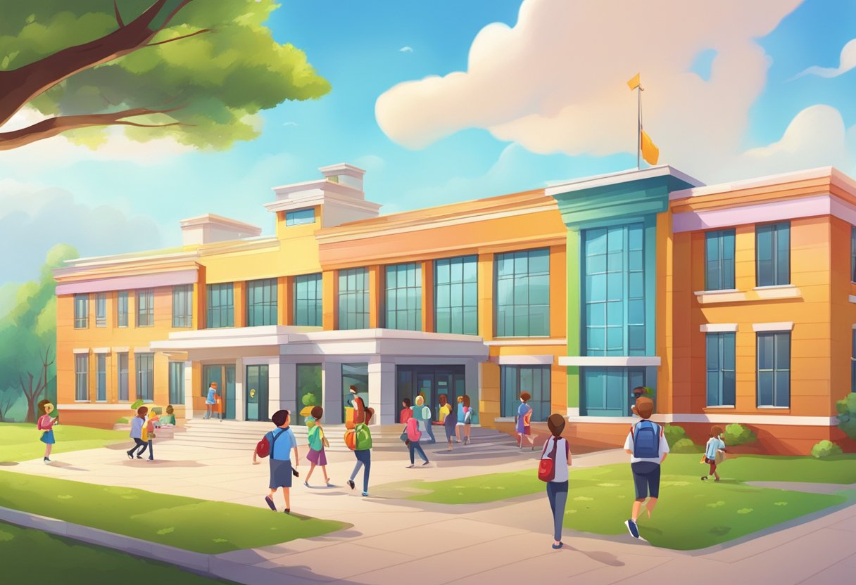 A school building with a vibrant and lively atmosphere, featuring animated characters and educational elements