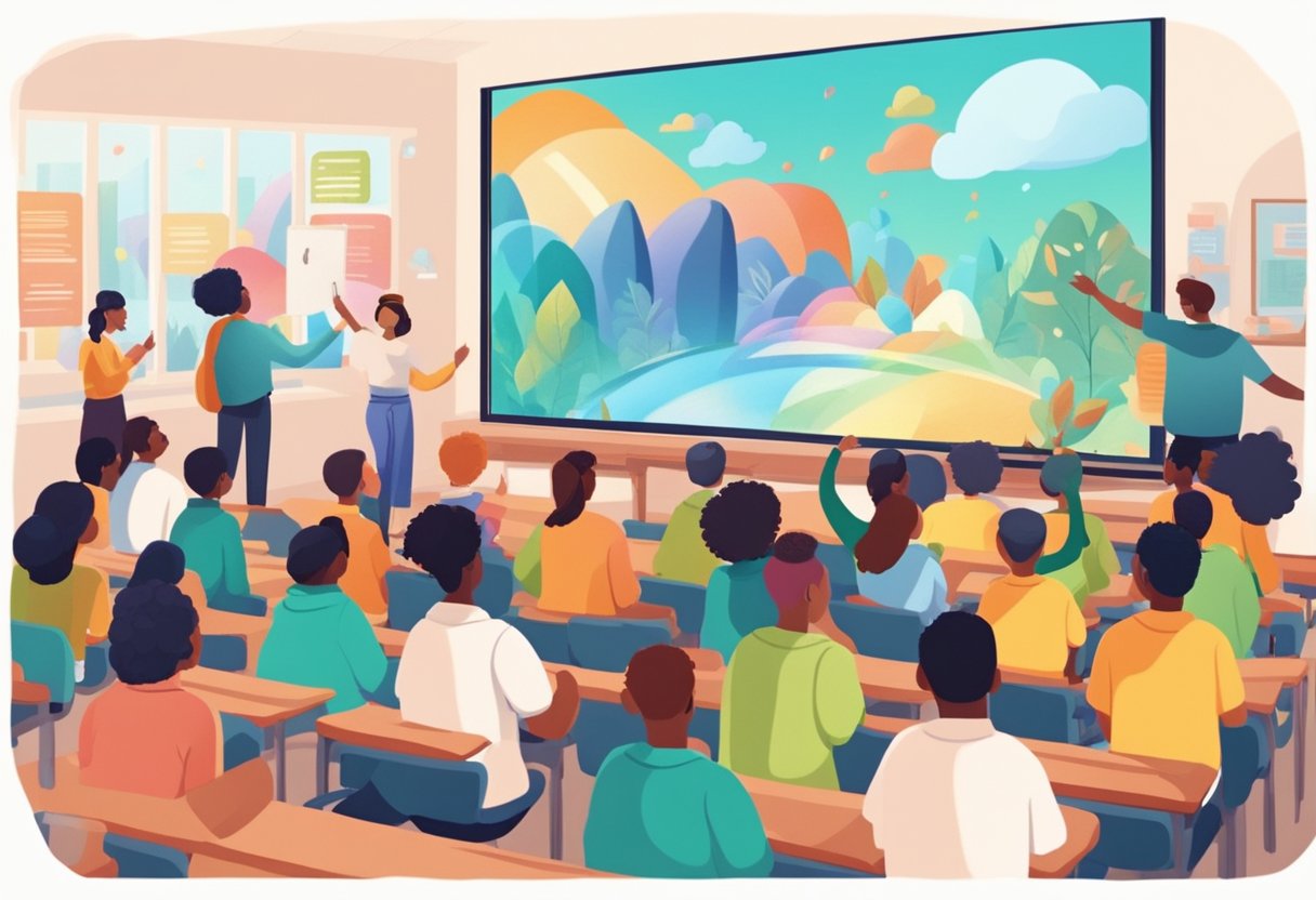 A group of diverse students eagerly watch a colorful and engaging animated video on a large screen in a school classroom