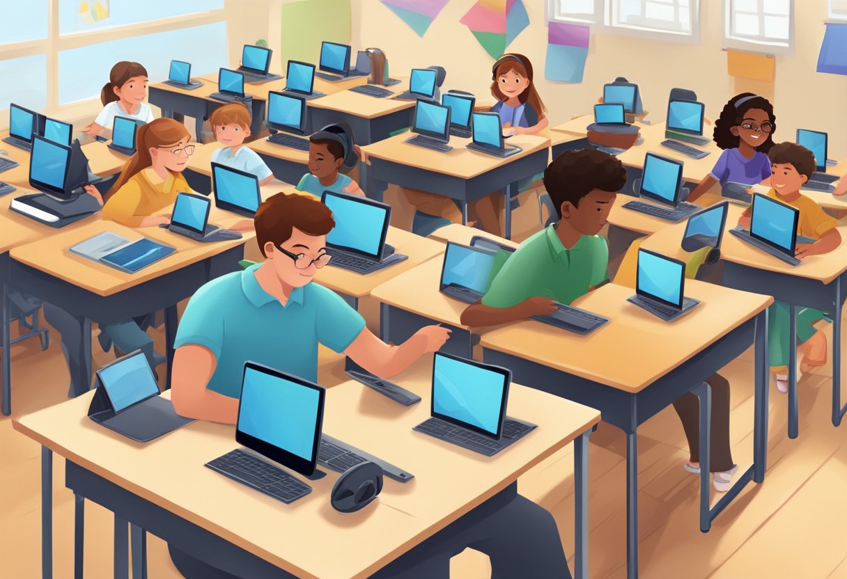 A classroom setting with students using computers and tablets to create digital animations for school projects