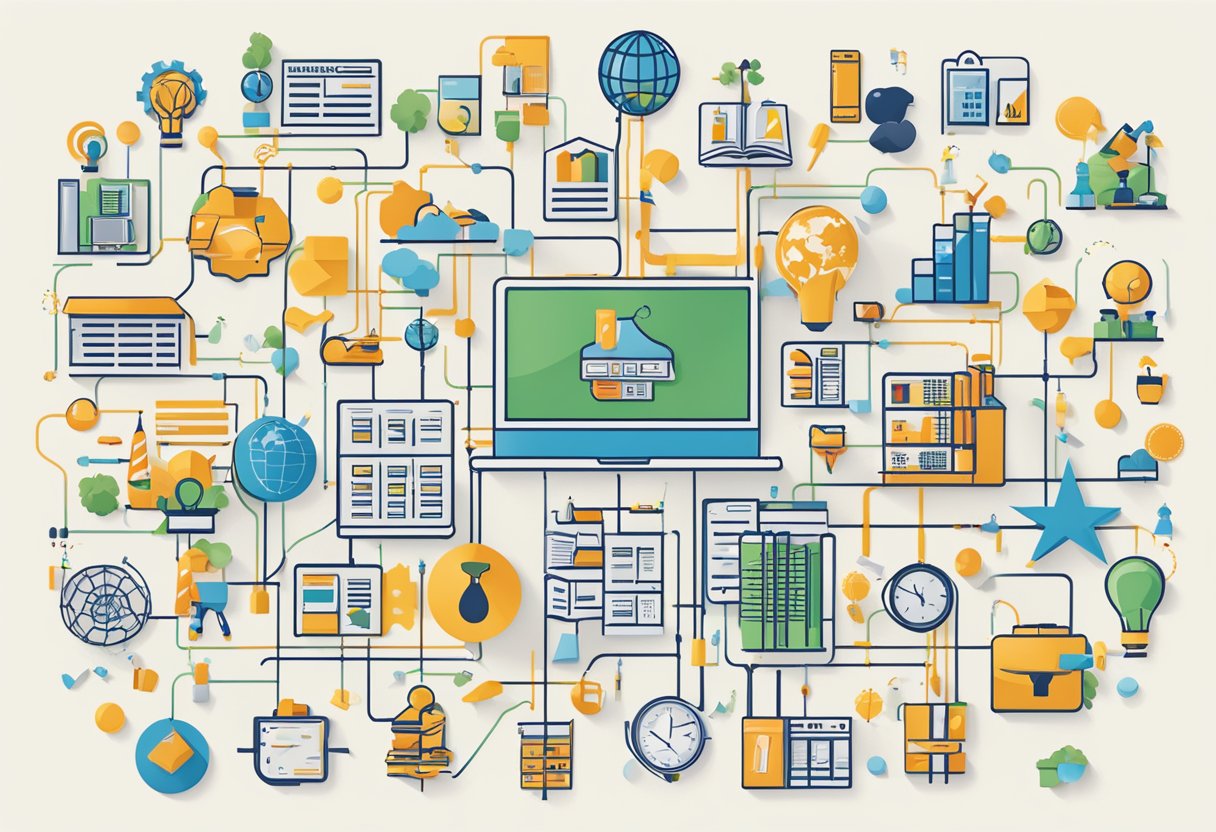 A group of diverse school-related symbols and icons coming together to form a cohesive and organized network, representing collaboration and project management services for schools in the USA