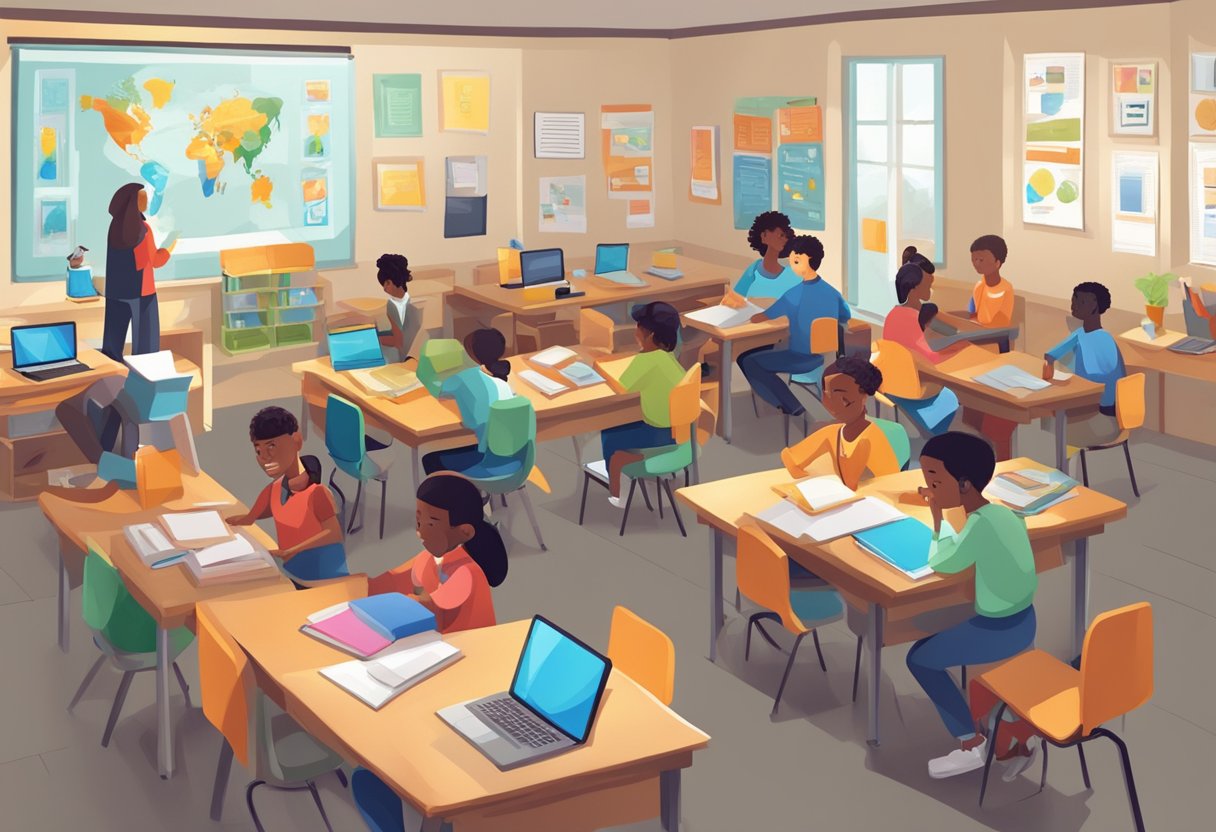 A classroom setting with diverse students engaged in learning activities, surrounded by educational materials and technology