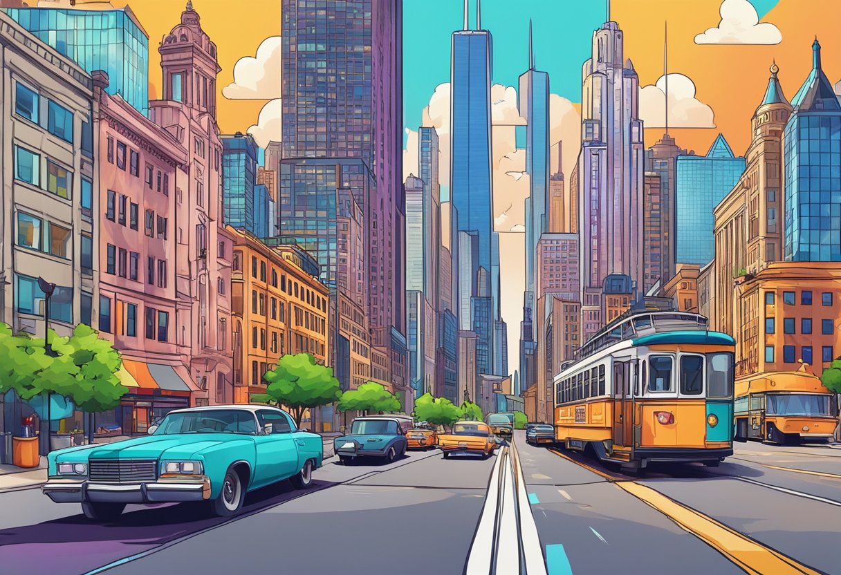 A colorful cityscape with iconic Chicago landmarks, surrounded by digital animation studios and vibrant creative energy