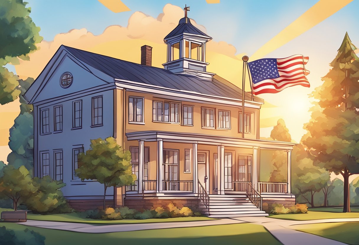 An animated schoolhouse with a waving American flag, surrounded by books, pencils, and a computer, with a bright sun shining overhead