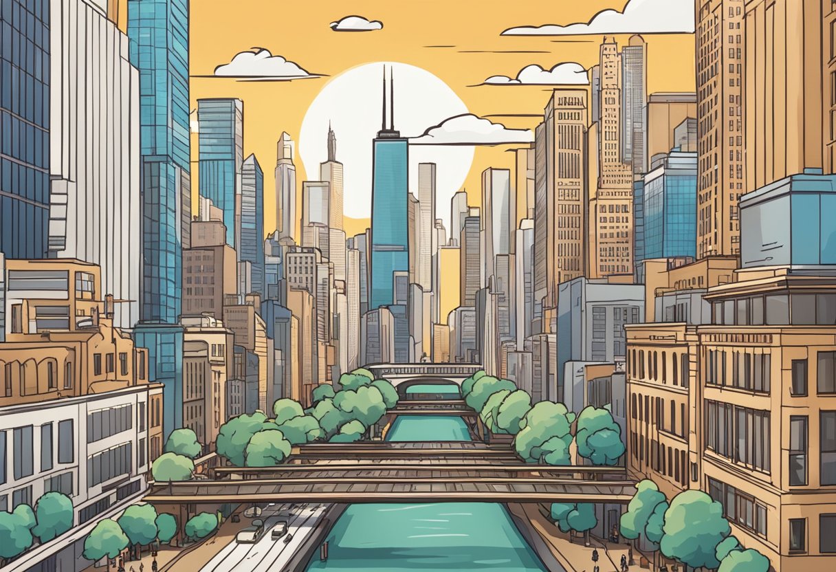 A bustling Chicago cityscape with iconic landmarks and a digital animation studio offering educational opportunities