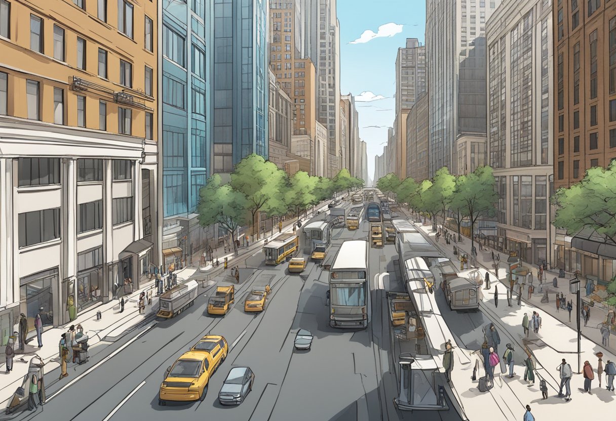 A bustling Chicago street with digital animation studios and technology providers, showcasing modern techniques and technologies