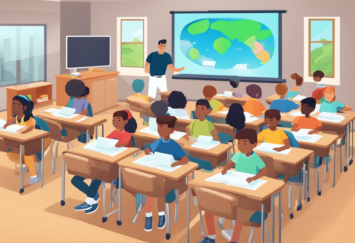 A classroom setting with students engaged in interactive learning through animated educational content