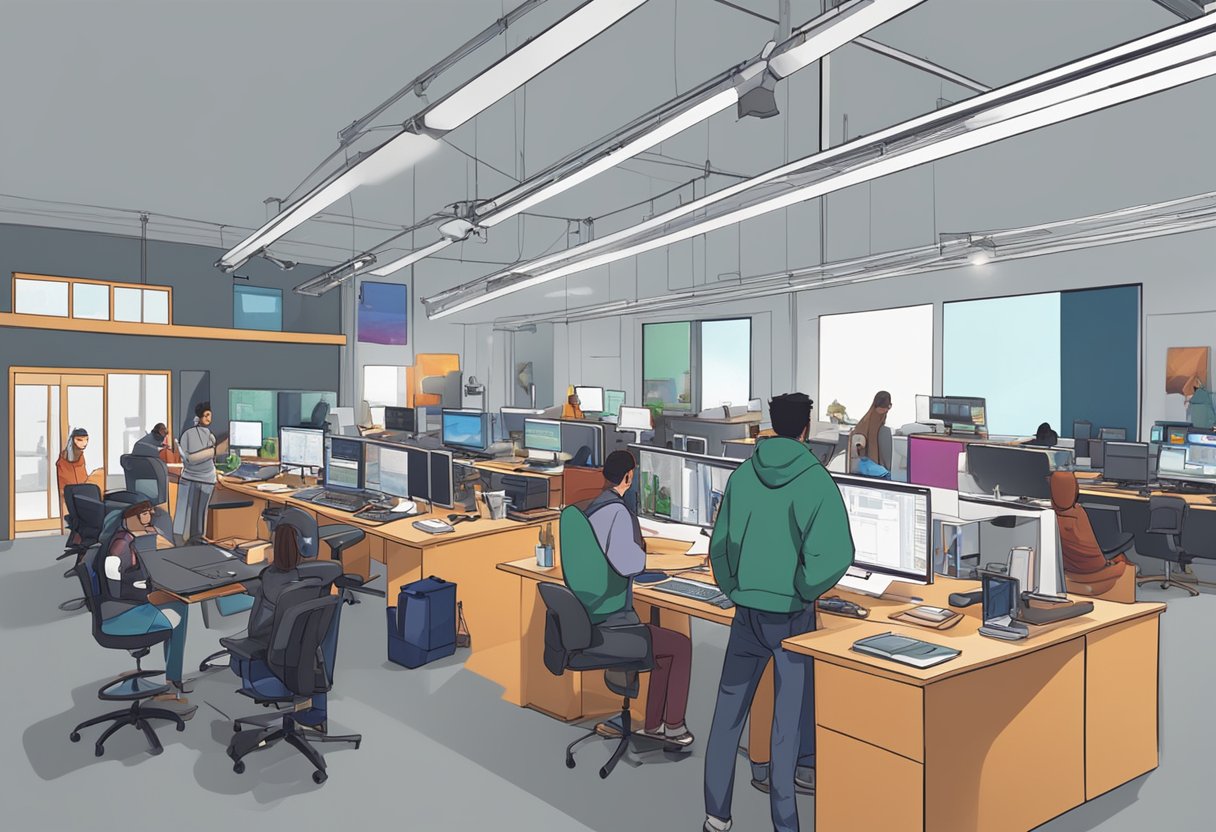 A bustling Chicago studio filled with digital animation equipment and creative professionals collaborating on a new project