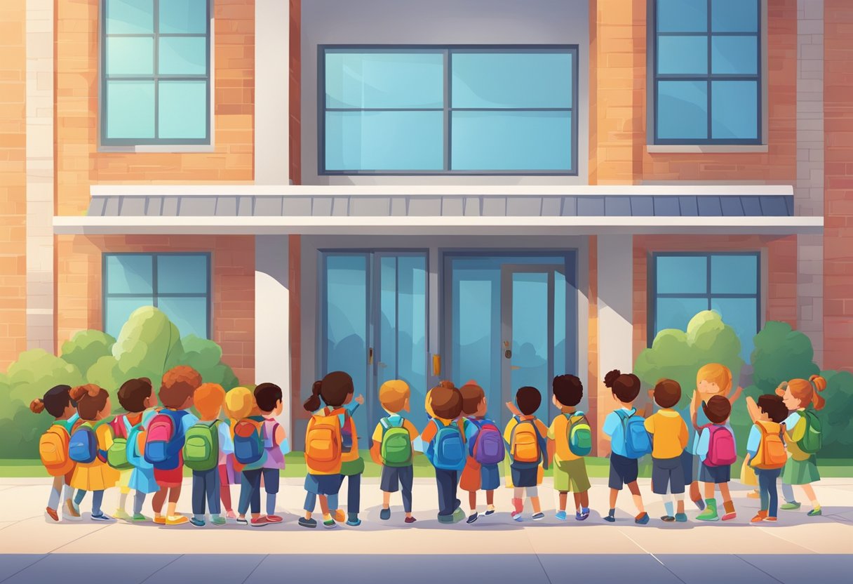 A school building with a colorful sign and a line of children eagerly waiting to enter, while a teacher welcomes them with a smile