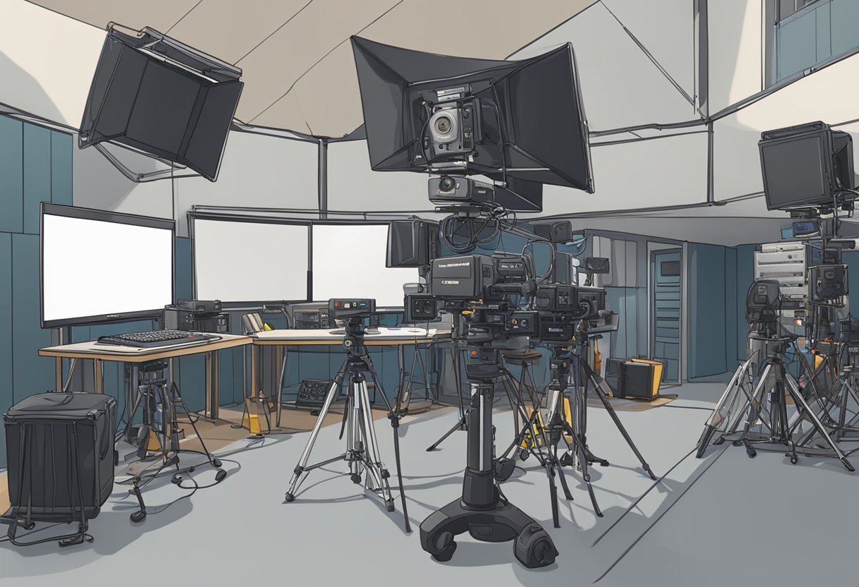 A bustling video production studio in Montreal, with cameras, lights, and sound equipment set up for an educational project about Quebec