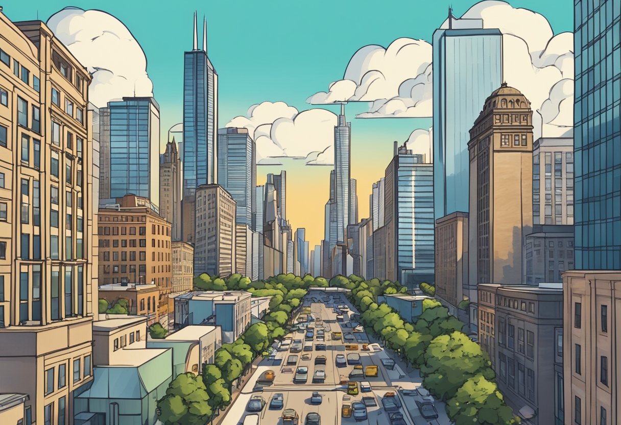 A bustling Chicago skyline with digital animation studios and creative professionals at work