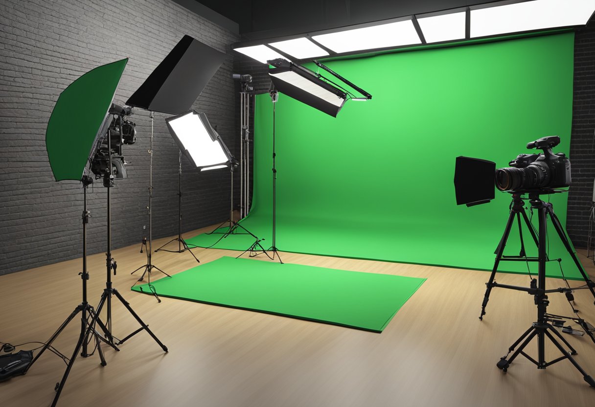 A camera, tripod, and lighting equipment set up in a studio with a green screen backdrop for educational video production in Montreal